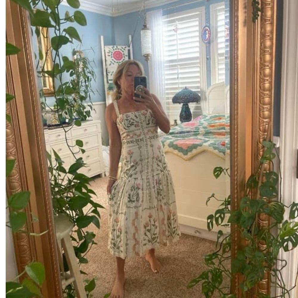 AGUA BY AGUA BENDITA Alma Nispero Oasis Floral Cream Pink Garden Midi Dress sz S - Picture 6 of 14